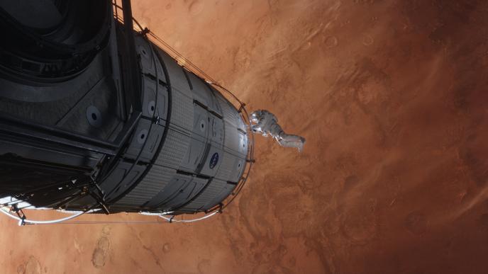 back view of a space shuttle descending onto the red planet mars covering the background