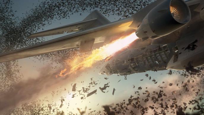 back view of a large plane exploding with thousands of scarabs