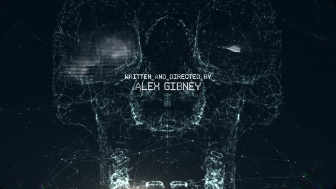 human skull made out of connected dots and lines with the text 'written and directed by alex gibney' in the centre