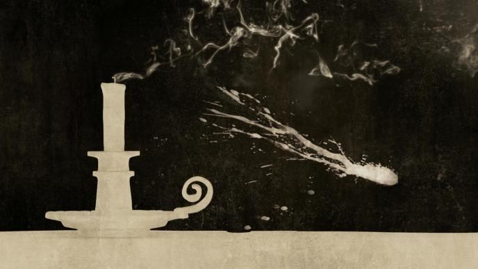 graphic design of a white chamberstick candle that has been blown out on a black papery, grainy background