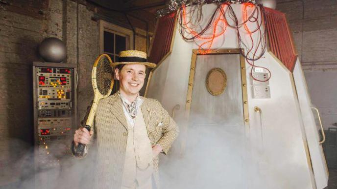 a victorian child standing in front of a time machine