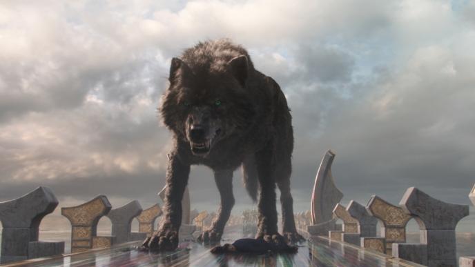 23 foot tall giant wolf fenris standing tall between pillars looking ahead angrily