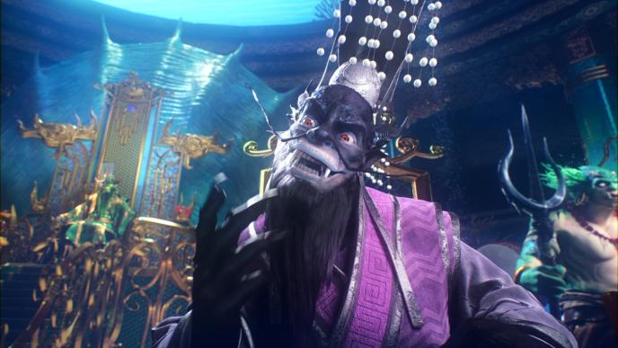 three animated mythological characters in an underwater palace