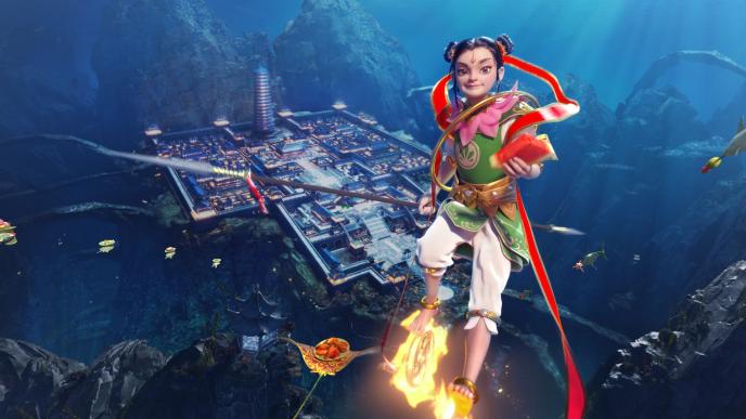 pearl quest character mid air holding up a watermelon above a futuristic chinese underwater city