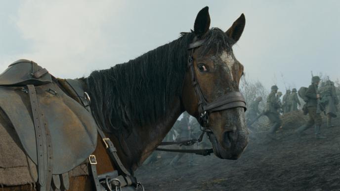 joey the horse from war horse in a saddle looking back as soldiers march on with guns in their hands