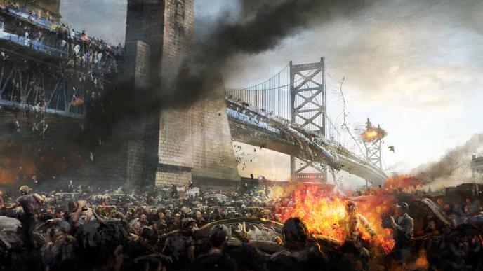 a train falling off of a bridge that is in ruins as thousands of zombies cover the street