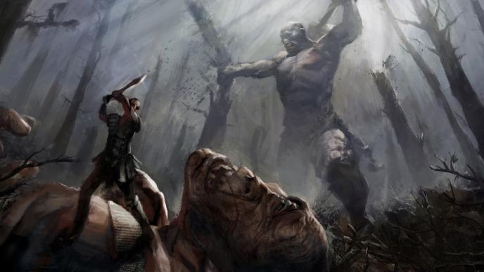 concept art of a soldier attacking a cyclops giant that is laying on the floor as another giant cyclops is smashing a tree and holding a hammer