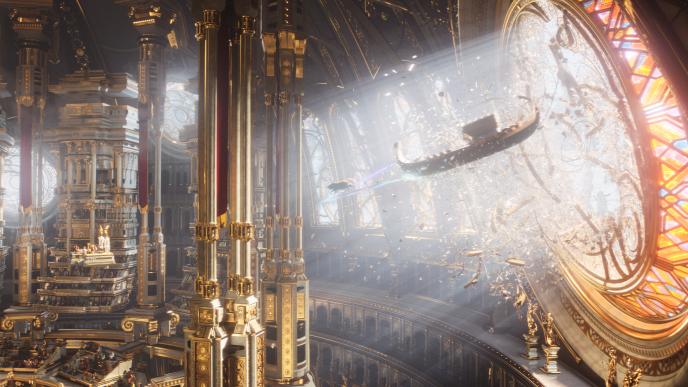 Thor's boat crashes through a large window