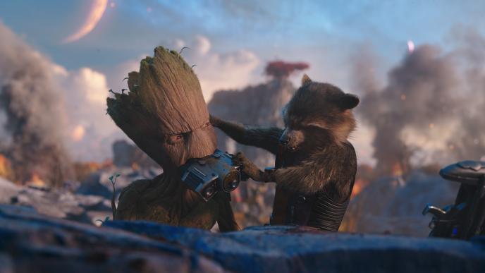 Rocket tries to pull binoculars from Groot's mouth