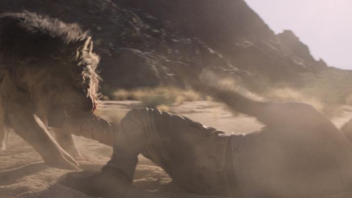 A lion pulls a man along the ground by his leg
