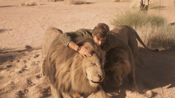 Two lions huddle close to a man with his arms around each, petting them