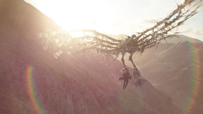 A skeletal bird carries two girls through some mountains