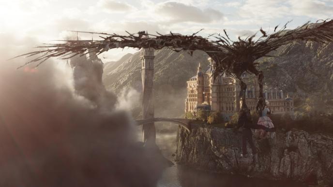 A skeletal bird carries two girls towards two castles, nestled in a mountain side above a lake