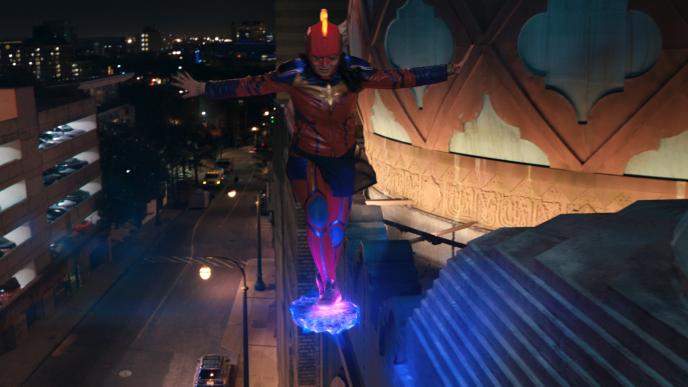 Ms. Marvel walks on air in front of a mosque