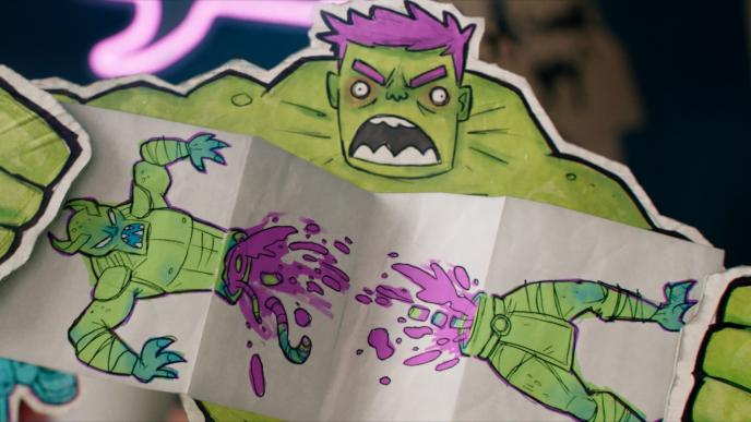 A drawing of The Hulk rips apart a drawing of an alien