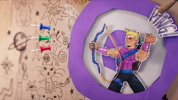 A drawing of Clint Barton fires three drawing pin 'arrows'