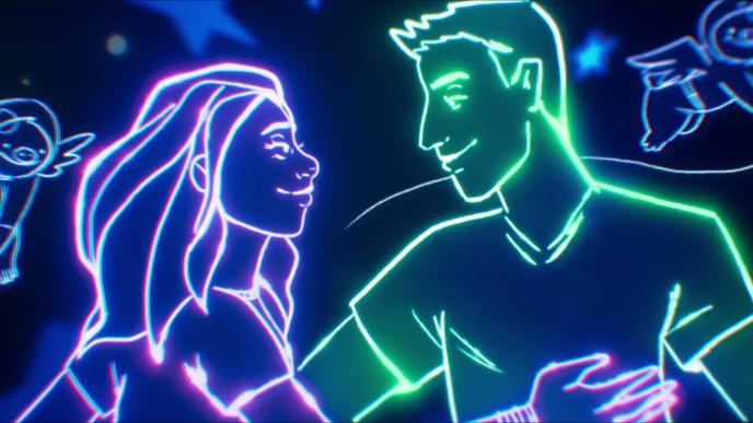 Kamala's neon illustration, showing a boy and a girl embracing