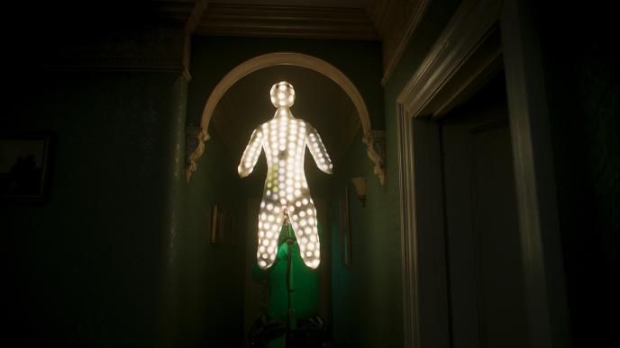 A lit-up mannequin, suspended in the doorway of a dark house