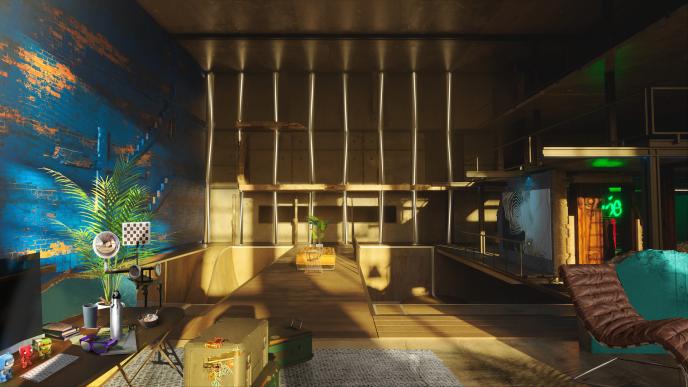 Concept Art for Stevie's Studio, a loft-style apartment with large artwork wall and modern kitchen