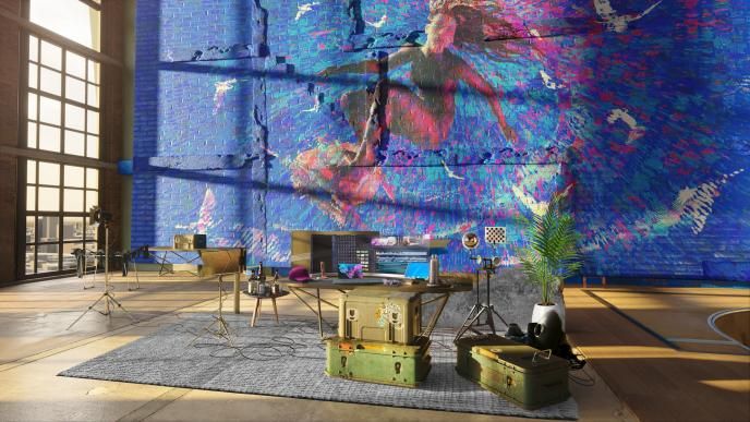Concept Art for Stevie's Studio, a loft-style apartment with large artwork wall