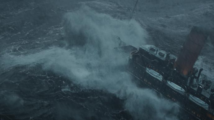 A shot from Netflix's 1899, the ship encounters high waves