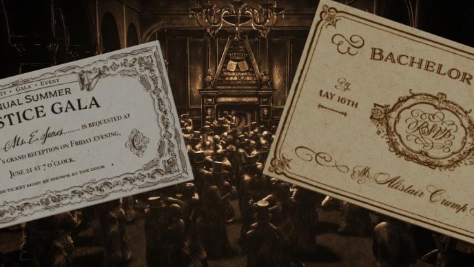 A sequence from Disney's The Haunted Mansion (2023) showing tickets to a gala in a sepia tone