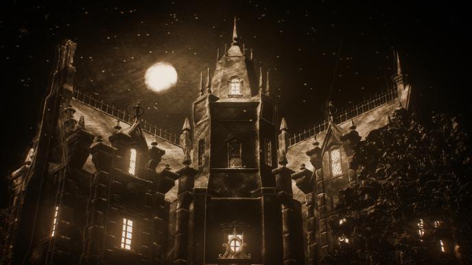 A sequence from Disney's The Haunted Mansion (2023) showing the exterior of the mansion in a sepia tone