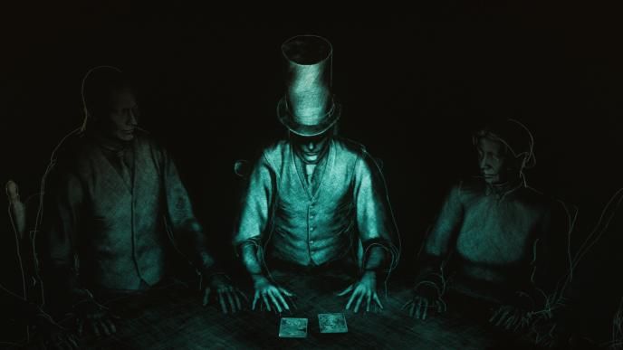A sequence from Disney's The Haunted Mansion (2023) showing blue ghostly figures