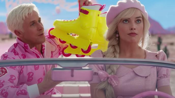 Barbie sits in the drivers seat of her car, rolling her eyes as Ken holds up his rollerblades from the back seat.