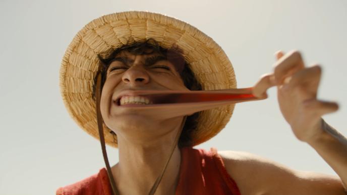 A still from Netflix's One Piece, a character stretches his face