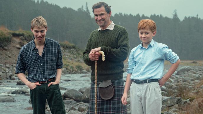 A still from season six of Netflix show 'The Crown' showing Prince Charles and young Princes William and Harry