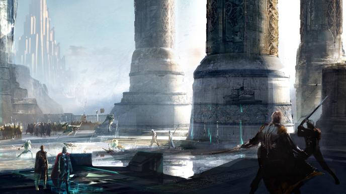 Concept art of Asgard's city, with large ornate pillars