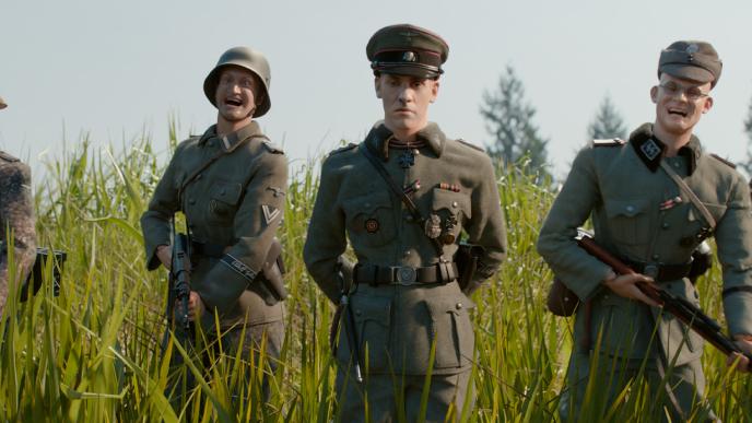 A collection of humanised doll figures, dressed in military best, in a field 
