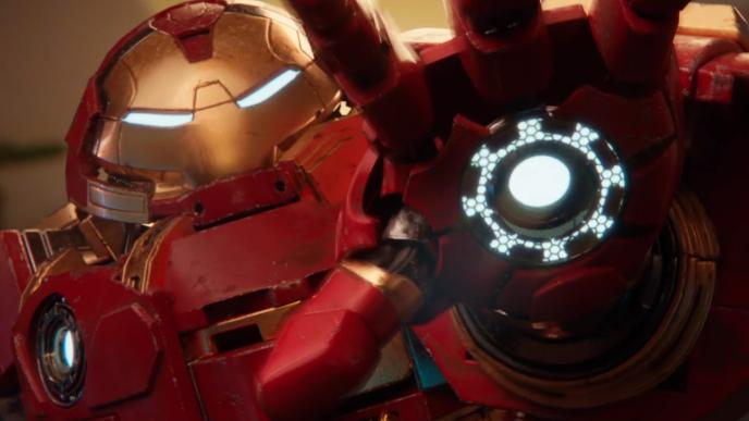 The Hulkbuster pointing his palm blaster at the viewer.