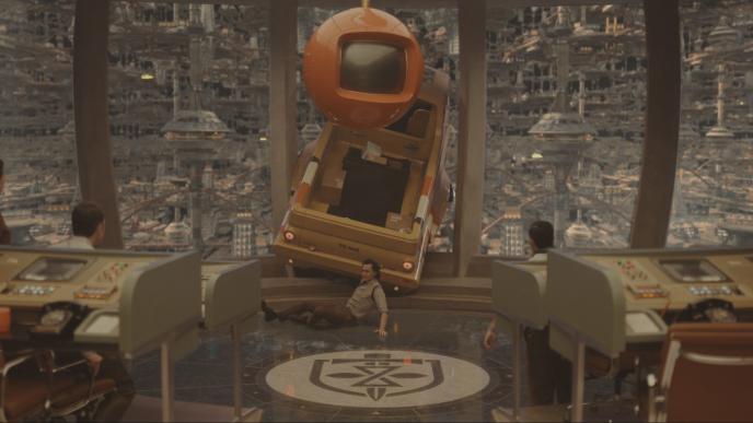 Postvis of a sequence where Loki crashes a flying truck through a window in the TVA