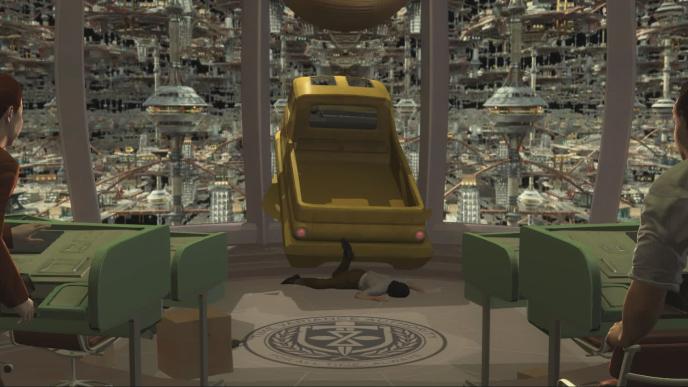 Previs of a sequence where Loki crashes a flying truck through a window in the TVA