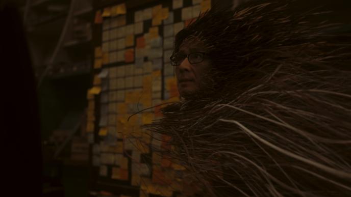 OB turns into spaghetti strands, leaving just his floating head