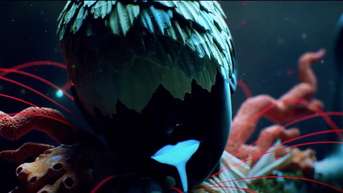 An animated head with green leaves for hair and dripping luminous blue lips, there is coral forming a collar around the neck. 