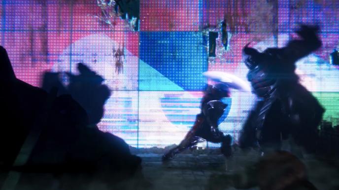 Futuristic soldiers battle in front of a broken digital screen 