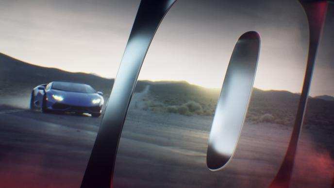 A still BBC's Top Gear title sequence. A scene of a sports car driving in the desert in the word "Top"