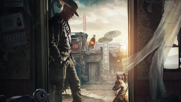 A poster for season one of Fallout, a futuristic cowboy leans against a doorframe