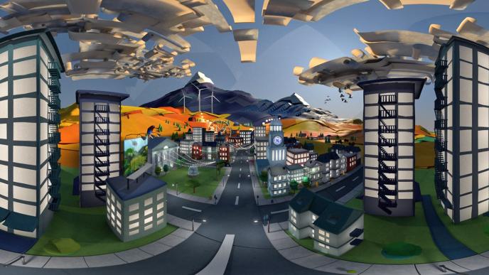 A computer generated image of tower blocks and roads with mountains and the desert in the background.