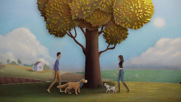 An animated woman and man walk their dogs in the grass under a tree