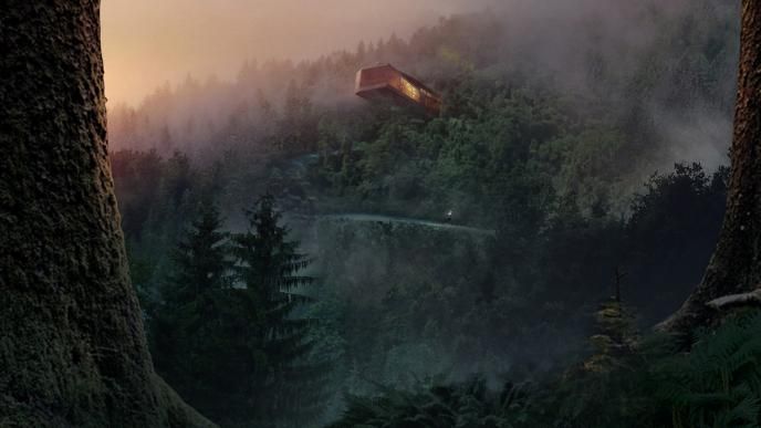 A modern rectangular house peaking out of a forested hillside in a sunset.