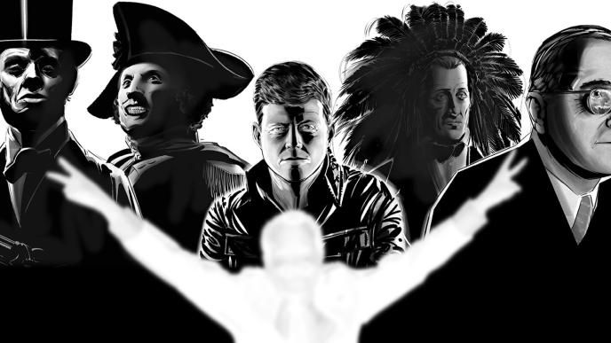 A black and white illustration of historical figures from US history with a white silhouette with raised arms in front.  