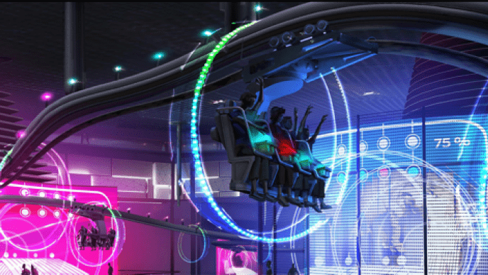 A design for a ride showing four people in a ride carriage surrounded by a halo of blue and green lights, there are purple lights in the background and screens showing statistics around them.