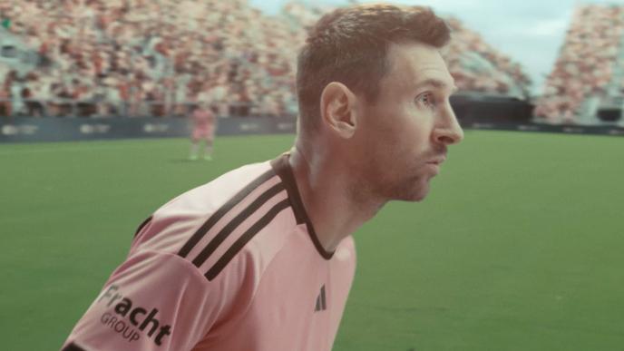 Messi on a soccer field looking intently while wearing his pink Miami FC jersey.