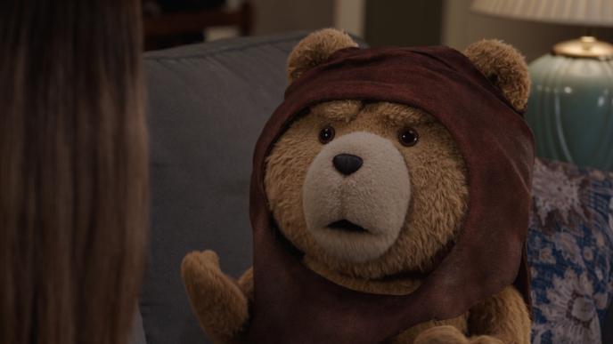 Ted wears a hooded shawl, gesticulating with his paws, looking concerned