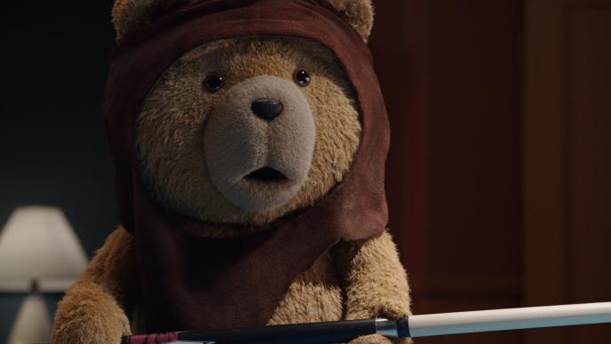 Ted wears a hooded scarf, looking surprised
