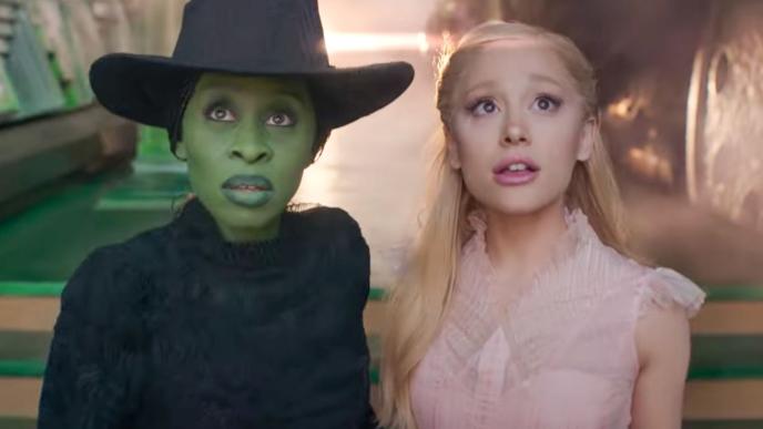 Cynthia Erivo as green-skinned witch Elphaba and Ariana Grande as Glinda from 'Wicked'